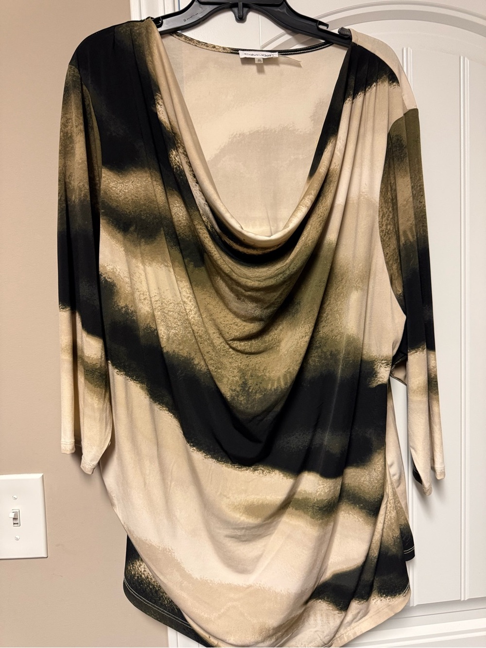 Calvin Klein Cowl Neck Top in Black and Beige